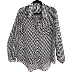 Katherine Barclay Montreal Blouse Sz L Black White Print HI Lo Tunic Tab Sleeve